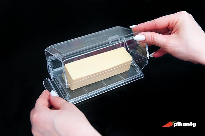 Pikanty Airtight Butter Dish with Hinged Lid - Large Plastic Butter Container for Countertop or Fridge, Fits East & West Coast Sticks, Dishwasher Safe, Made in USA