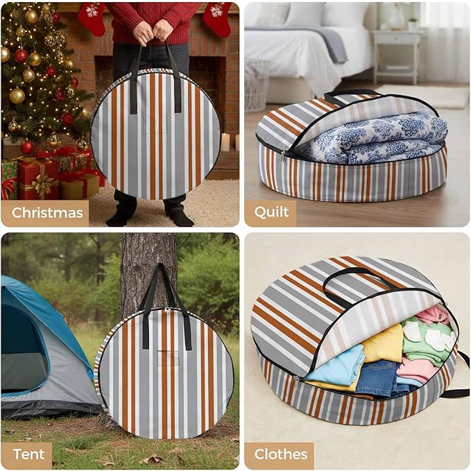 Storage Bag Orange Stripes Round Storage Totes Bins Closet Organizers with Zippers & Handle Grey Striped Lines Clothes Storage Container for Bedroom Dorm Space Saving Packing Supplies Moving Bags