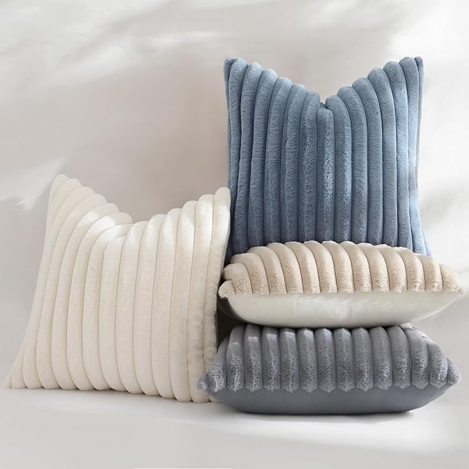 decorUhome Cozy Faux Fur Throw Pillow Covers 18x18 Set of 2 Decorative Soft Plush Striped Modern Farmhouse Boho Couch Pillow Cases with Velvet Back for Sofa Bed Living Room, Grey