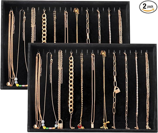 Large Velvet Jewelry Tray 2 Pack Stackable Jewelry Display Drawer Inserts Trays Organizer for Earring Bracelet Necklace Ring (Black, 20 Hooks)