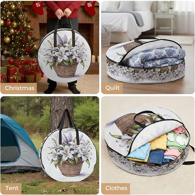 Spring Lily Round Storage Bag 36 Inch, Retro Flowers Basket Clothes Storage Container with Handles Heavy Duty Organizer for Comforter, Bedding & Holiday Wreaths