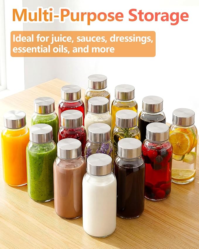 Zukro 8 oz Glass Water Bottles with Lids, Reusable Clear Juice Bottles With Stainless Steel Airtight Cap for Juicing, Ginger Shot, Milk, 250ml Leak Proof Small Smoothie Container, BPA Free, Set of 4
