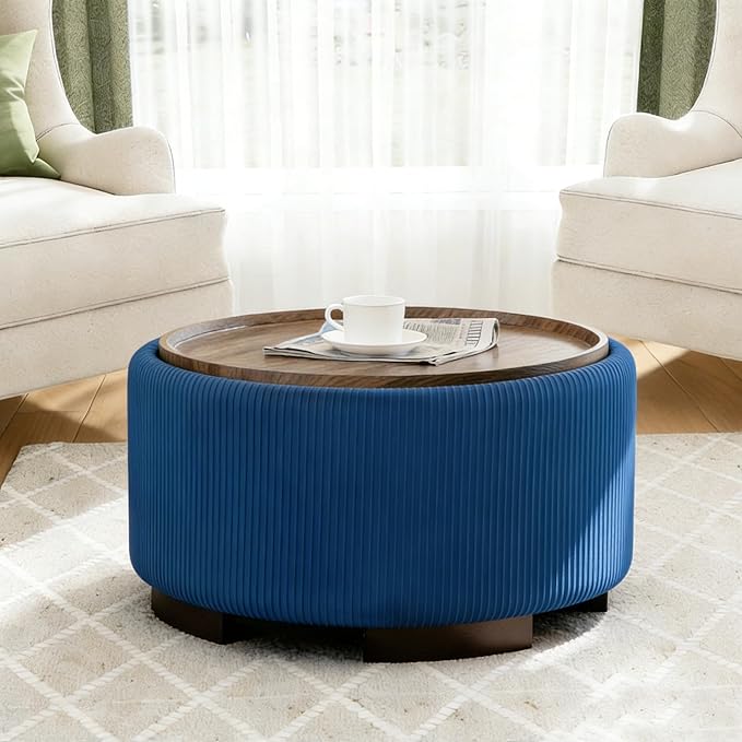29.5 Inch Round Storage Ottoman Coffee Table,Modern Circle Coffee Table with Storage with Removable Lid Top and Solid Wood Legs,Large Round Ottoman for Bedroom,Living Room,Velvet,Blue