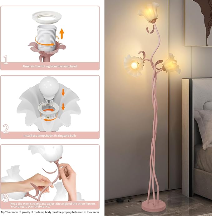 Flower Floor Lamp for Living Room, Tall Standing Reading Lamp with Flexible Neck Shaft for Bedroom Decor, Modern Corner Floor Lamps with 3-Color Temperatures LED Bulb (Pink)