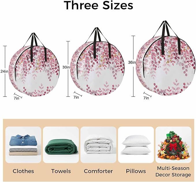 Storage Bag Pink Eucalyptus Leaves Round Storage Totes Bins Closet Organizers with Zippers & Handle Berry Branch Nature Plant Clothes Storage Container for Bedroom Dorm Space Saving Packing Supplies