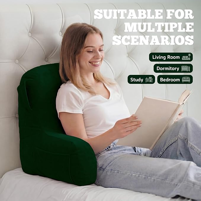 Unisakey Portable Comfy Reading Pillows for Bed Sitting Up(Dark Green Oeko-Tex), Velvet Back Pillow with Arms & Pockets for Adults, Support Memory Foam Bed Pillow for Dorm/Reading/Watching/Gaming