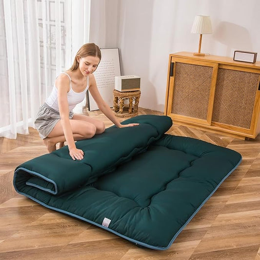 MAXYOYO Japanese Floor Mattress Futon Mattress, Thicken Sleeping Pad Foldable Roll Up Floor Futon for Adults Tatami Mat Dormitory Lounger, Dark Green, Queen Size