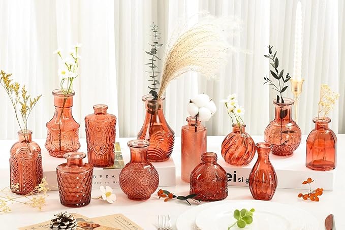 Mini Bud Vases Centerpieces for Tables, for Flowers,Small Flower Vases Suitable for Birthday Party,Anniversary,Wedding Reception,Baby Shower (Amber, 12PCS)