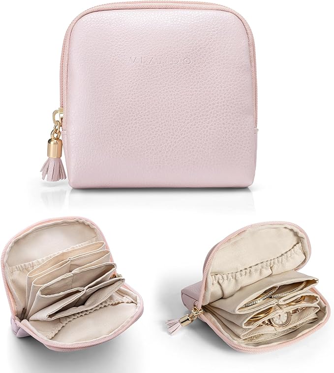 Vlando Small Jewelry Travel Case,Jewelry Pouch Bags with Zipper,Velvet Jewelry Organizer Storage Bag for Bracelet Rings Earring Travel Essentials Gifts for Women Girl-Pearl Pink