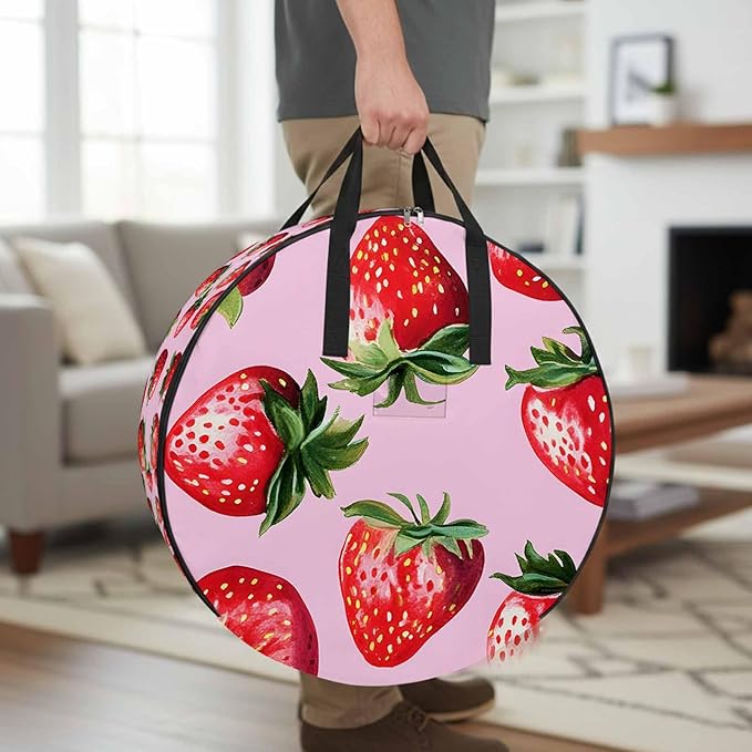Strawberry Round Storage Bag 24 Inch, Red Plant Fruit Watercolor Pink Background Clothes Storage Container with Handles Heavy Duty Organizer for Comforter, Bedding & Holiday Wreaths