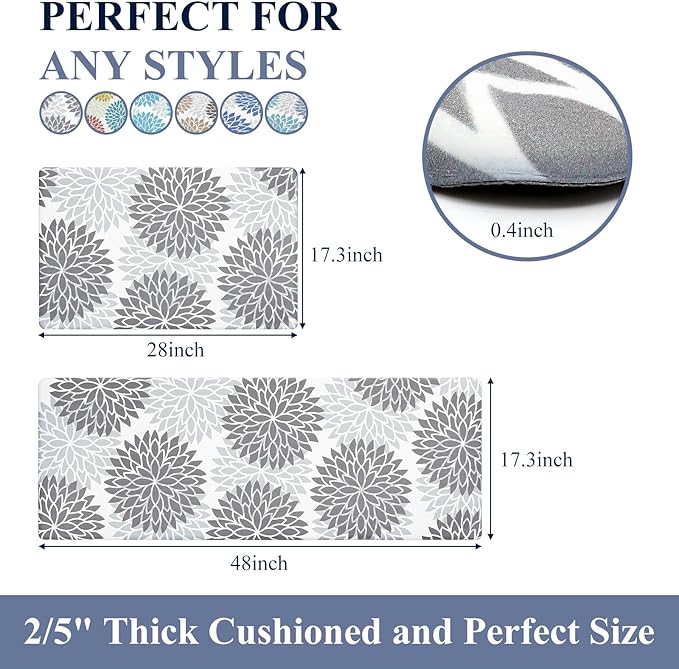 HEBE Anti Fatigue Kitchen Rugs Sets of 2, Non Slip Kitchen Mats for Floor, Waterproof Cushioned Comfort Standing Carpet for Kitchen Sink, Home Office, Laundry Room, Gray