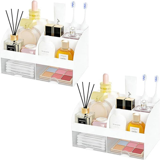 Makeup Organizer with 2 Drawers, Cosmetic Storage for Dresser Vanity and Bathroom Countertop,Make up organization and Skincare Storage with Beauty Brush Holder, Cosmetic Display Case 2Pcs White