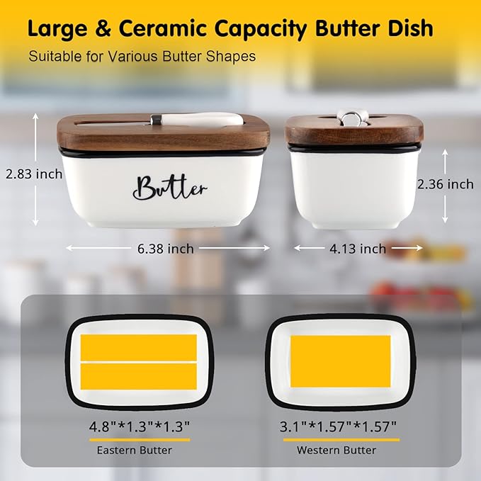 Ceramic Butter Dish with Lid and Knife for Countertop, Airtight Butter Keeper for Counter or Fridge, Butter Container with Thick Acacia Wood Lid, for Farmhouse Kitchen Decor and Accessories, White