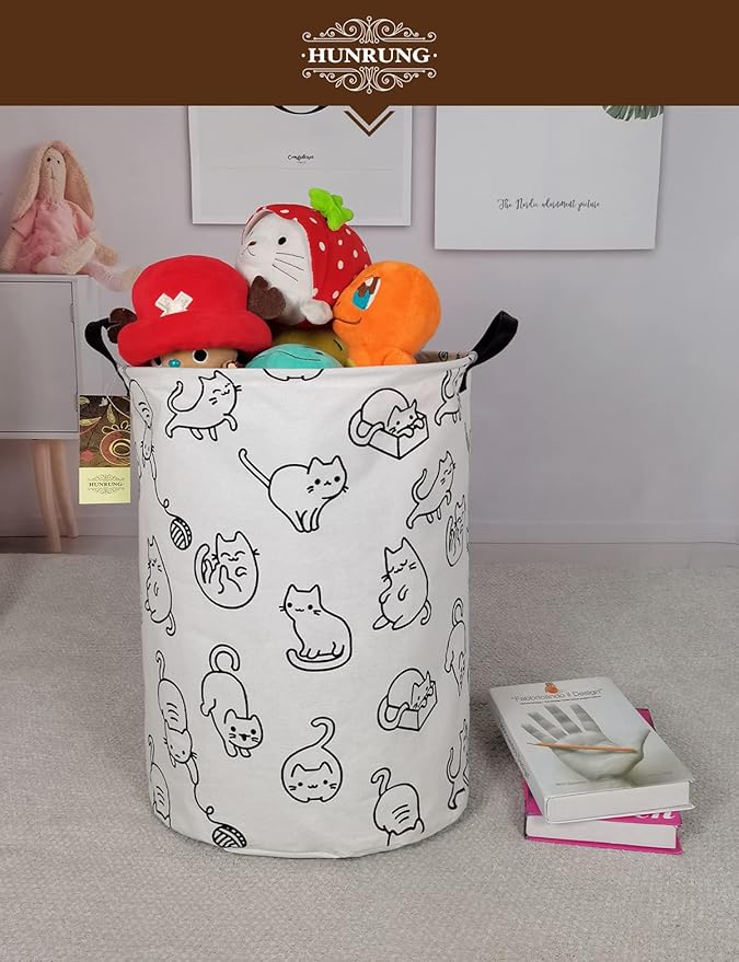 HUNRUNG Collapsible Fabric Storage Basket, Waterproof Laundry Hamper with Handles, Round Storage Bin for Clothes Toys, Foldable Organizer for Bedroom Nursery Bathroom(Round-Black cat)