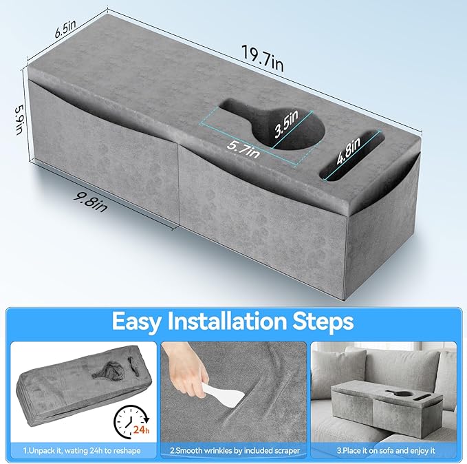 Couch Armrest Caddy with Cup Holder, Portable Sofa Armrest Pillow Drink Holder Table Tray with 5 Large Side Storage Pockets, Portable Sofa Rrmrest for Reading & Bed Rest Pillows Armrest- 1 Pack