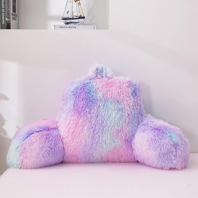 A Nice Night Faux Fur Reading Pillow Bed Wedge Children Backrest with Arms Back Support for Sitting Up in Bed/Couch,Tie Dye BluePurple,Standard