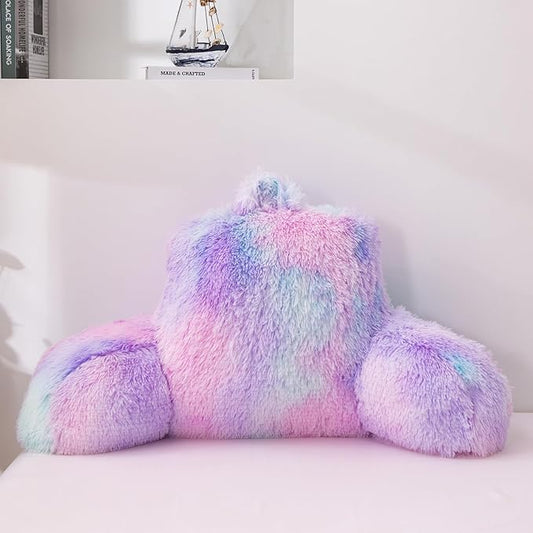 A Nice Night Faux Fur Reading Pillow Bed Wedge Children Backrest with Arms Back Support for Sitting Up in Bed/Couch,Tie Dye BluePurple,Standard