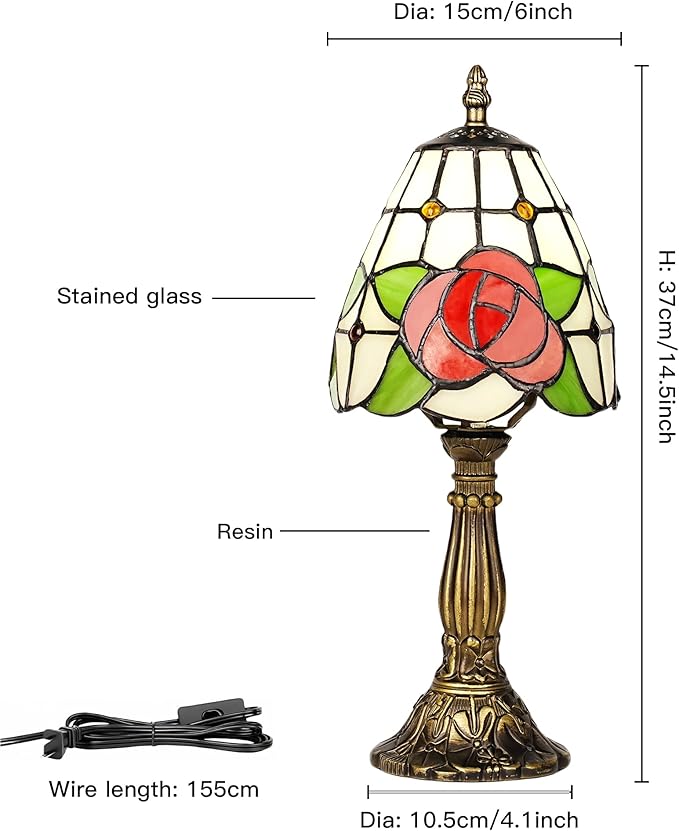 Small Tiffany Style Table Lamp, 6" Antique Stained Glass Lamp, Desk Bedside Table Night Lamp for Bedroom, Living Room, Office, Handcrafted Light with LED Bulb (Red Rose)