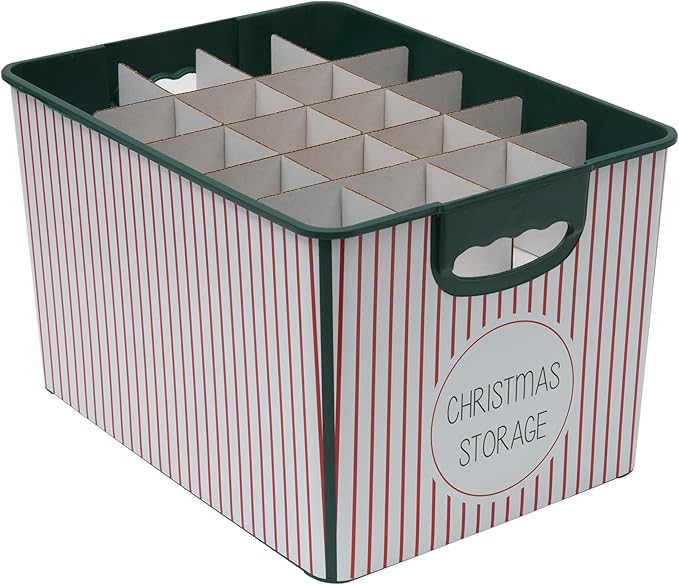 Simplify Christmas Stripe Design Holiday Tote Bin Ornament Storage | Holds 60 Ornaments | Removeable Lid | Easy Carry Handles | Christmas Storage | Green