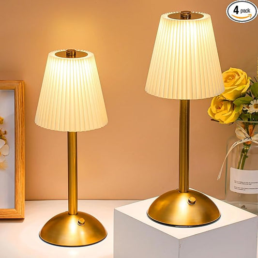 Liliful 4 Pcs Cordless Table Lamp Rechargeable Touch LED Small Gold Portable Battery Operated USB-c Desk Lamp 3 Color Dimmable for Bedroom Living Room Dining (Gold,Beige Cloth Style)