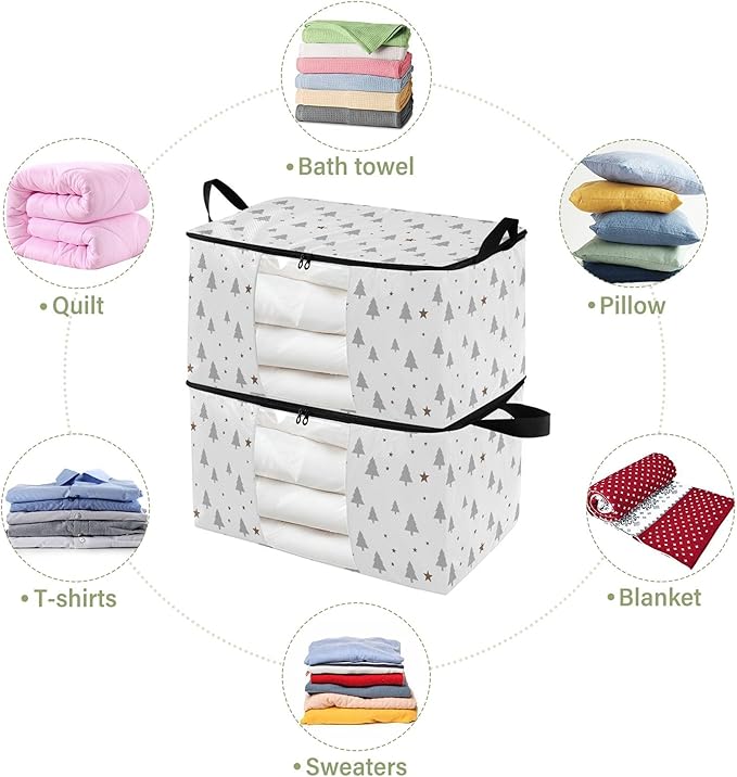 Burbuja Christmas Tree Clothes Storage Bag with Lids and Handle, 2 Pack Foldable Blanket Storage Container with Sturdy Zipper & Clear Window for Bedroom Closet, 60L
