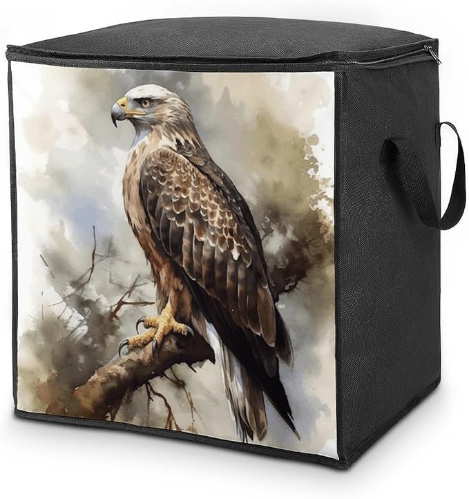 Watercolor of Hawk Sitting in The Tree Storage Bag Quilt Storage Bag with Sturdy Zippered Fashion Breathable Closet Organizer Storage Boxes with Carry Handles for Blanket Pillow Bedding