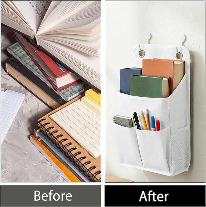 Hanging Basket for Organizing, Hanging Organizer with Pockets, Wall Storage Basket Bedside Caddy Camper Fabric File Organizer Holds Books, Phones, Glasses, Mail, Keys for Home, Office, Dorm (White)
