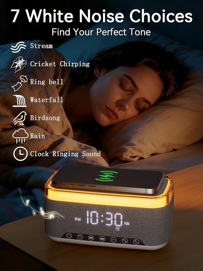 Alarm Clock Bluetooth Speaker with 10w Fast Wireless Charger for iPhone Samsung, 10W Stereo Bluetooth Speaker, 12-Color Night Light, White Noise Machine Digital Clock with FM Radio for Bedroom