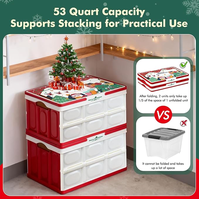 Storage Box 50L 2 Pack, Foldable Storage Box with Wood Lid & Handles, Includes Christmas Stickers for DIY, Multifunctional Wood Top for Holiday Decor, Gift & Christmas Home Organization