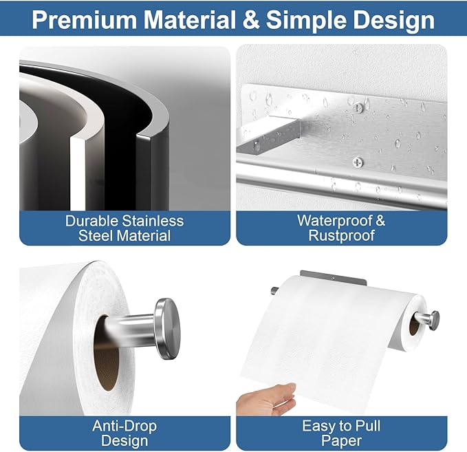 CUXIXA Paper Towel Holder Under Cabinet, Upgraded Adhesive Paper Towel Holder Wall Mount for Kitchen, Bathroom, RV, Bend-Resistant, Self-Adhesive or Drill mounting, Stainless Steel, Silver