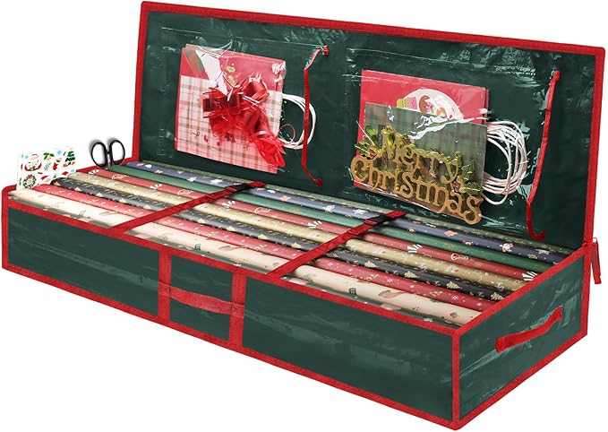 Christmas Gift Wrapping Paper Organizer Storage Bags,Plastic Container for Holiday Supplies & Accessories, Gift Bag Organizer, Under Bed Wrapping Paper Storage (Green)