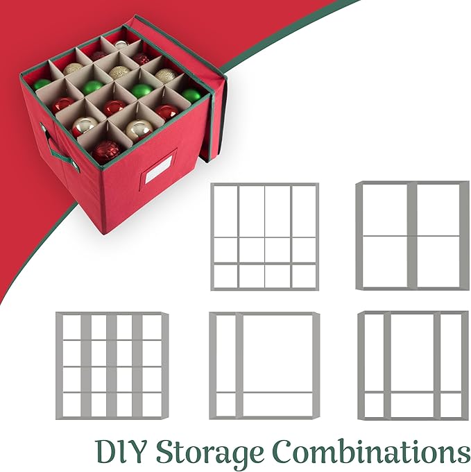 Elf Stor Christmas Box with Adjustable Dividers and Lid Ornaments Storage, Red (Pack of 4)