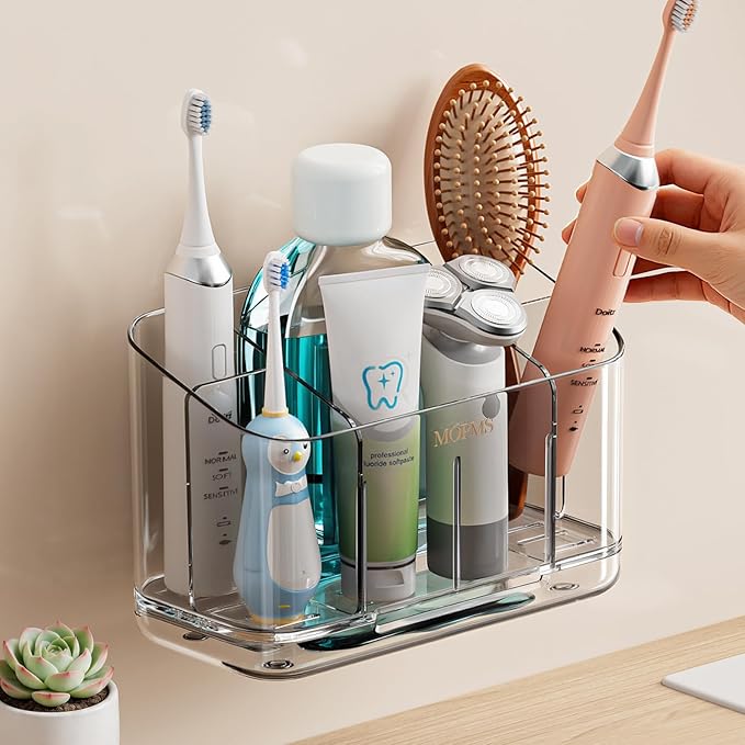 Toothbrush Holders for Bathroom Countertop Organizer, 5 Slots Large Capacity Electric Toothbrush Holder Wall-Mount for Space Saving, Tooth Brush and Toothpaste Holder with Dividers for Easy Clean