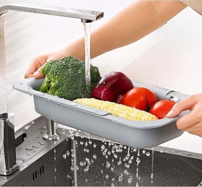 Expandable Sink Strainer for Kitchen Sink, Over Sink Colander Basket, Adjustable Drain Basket for Fruits & Vegetables, Space Saving, (Gray)