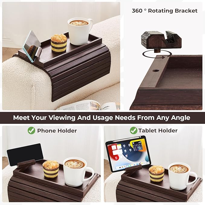 LOVYANXUE Bamboo Sofa Arm Tray, Anti Falling Couch Arm Tray Armrest Table with 360° Rotating Phone Holder, Foldable and Portable Sofa Armrest Trays Cup Holder for Drink,Cups, Phone, Snacks, Remote