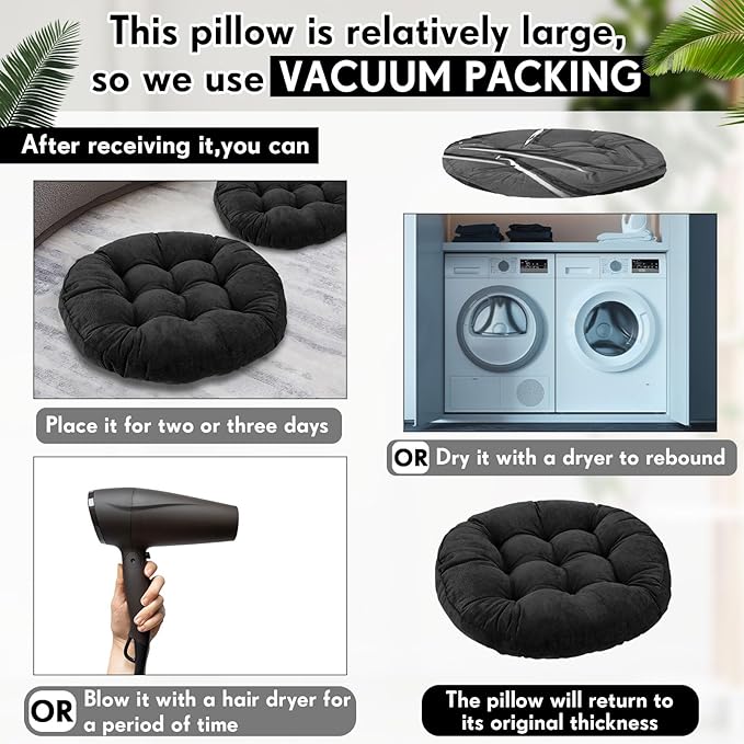 Jerify Floor Pillow Cushions Large Round Square Large Meditation Floor Pillow for Classroom Adult Meditation Picnic Party Seating Learning Daycare School(Round,Black,2 Pcs)