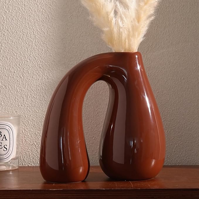 PROBENEX Brown Ceramic Decorative Pitcher Vase, 7.5 in – Glossy Sculptural Arch-Handle, Warm Earth-Tone Home Décor for Fresh or Dried Floral Arrangements, Table/Shelf/Entryway, Giftable