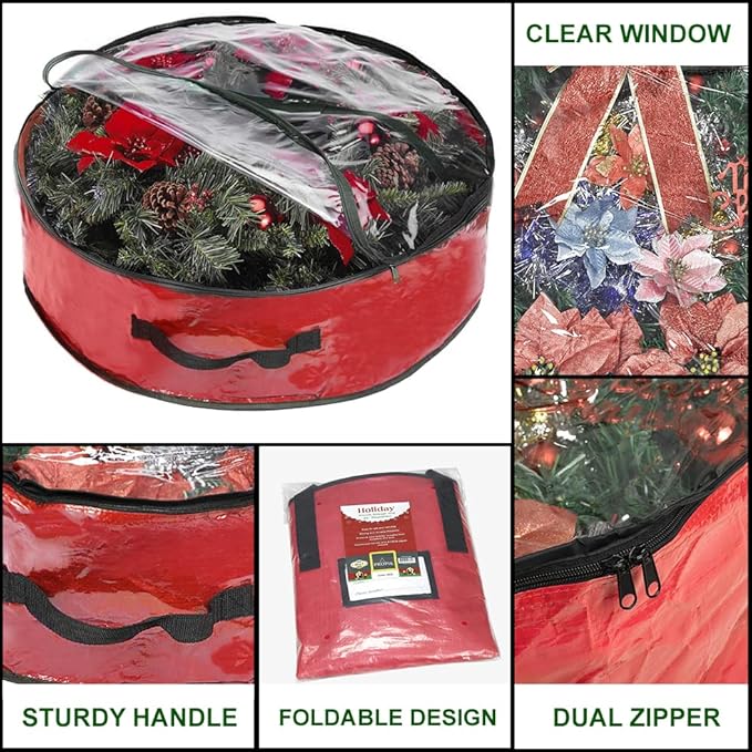 Propik Christmas Wreath Storage Bag 30" - Garland Holiday Container with Clear Window - Tear Resistant Fabric - 2 Pack (30 Inch, Red)
