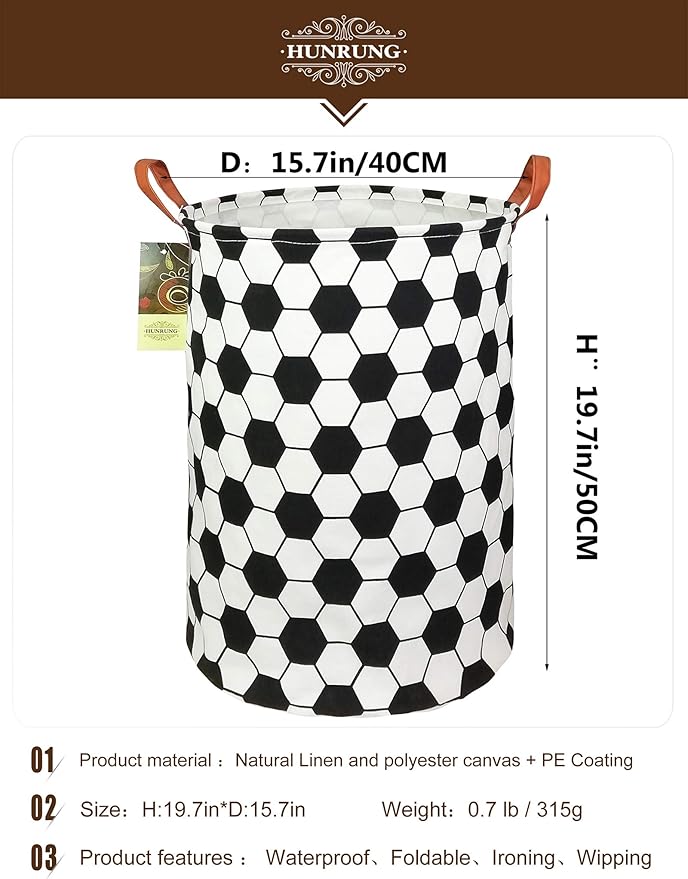 HUNRUNG Collapsible Fabric Storage Basket, Waterproof Laundry Hamper with Handles, Round Storage Bin for Clothes Toys, Foldable Organizer for Bedroom Nursery Bathroom(Roud-Football)