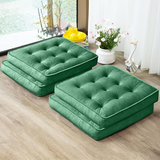 1 MIDDLE ONE Floor Pillow Set of 4, Memory Foam Meditation Cushion, Floor Cushions for Adults Sitting, Large Square Seat Cushions for Yoga, Living Room, 20x20 Inch (Green)