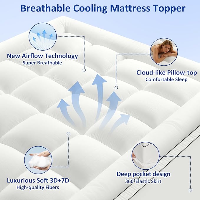 Twin Size Mattress Topper for Back Pain, Extra Thick Pillow Top Mattress Pad with 1000GSM Down Alternative Filling, Cooling Breathable Plush Bed Topper Protector Cover (8-21" Deep Pocket)