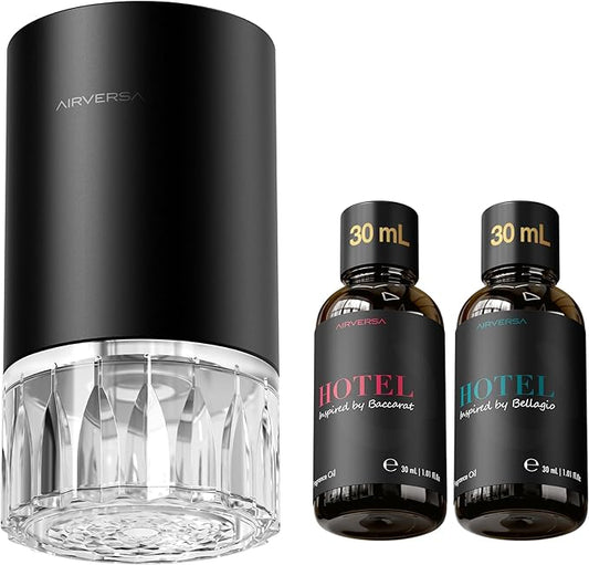 Airversa Waterless Essential Oil Diffuser Starter Kit with 2x30mL Hotel Scent Fragrance Oil for Home Room Desk Car, Battery Operated Scent Air Freshener Diffuser, 100mL Capacity, RD1 Kit Black