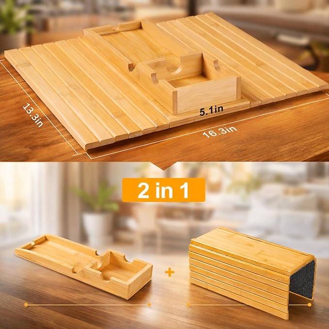 Bamboo Sofa Armrest Tray, 2-in-1 Bamboo Couch Arm Tray with Detachable Cup Holder, Foldable Non-Slip Sofa Armrest Table for Drinks, Phone, Remote & Snacks