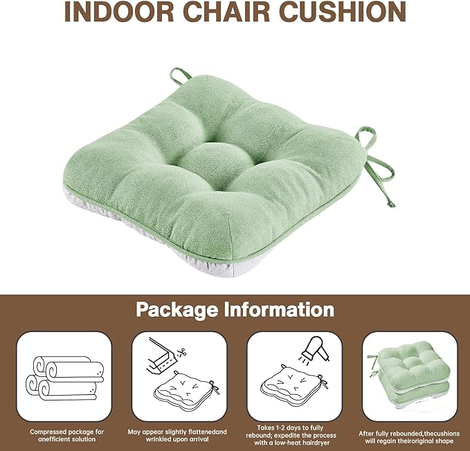 BETU Chair Cushions for Dining Chairs Set of 2,3.5" Thick Kitchen Table Chair Pads with Ties,Non Slip Backing and Covers, Home Decor Seat Cushion for Dining Room,Bar,Patio Chairs16"X16"X3.5"Sage Green