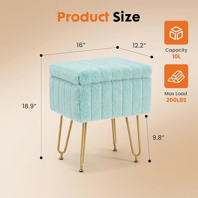DUMOS Vanity Stool Chair with Storage, Small Ottoman Faux Fur Soft Padded Footstools Seat with 4 Metal Legs Anti-Slip Adjustable Feet Modern Footrest for Home Entryway Bedroom Makeup Mint