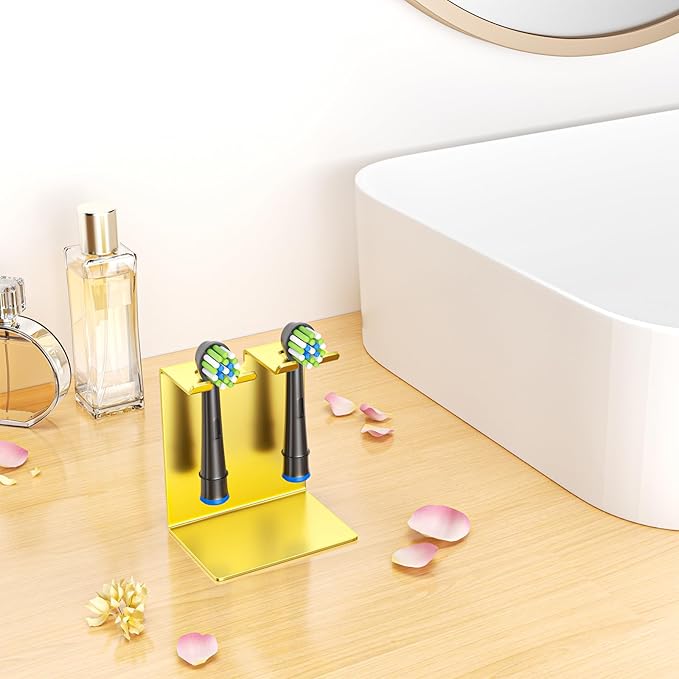 Electric Toothbrush Head Holder, Tooth Brushing Holder, Wall Mounted Toothbrush Holders Shower Bathroom, Self Adhesive or Desktop Tooth Brush Holder Organiser (Gold, Small)