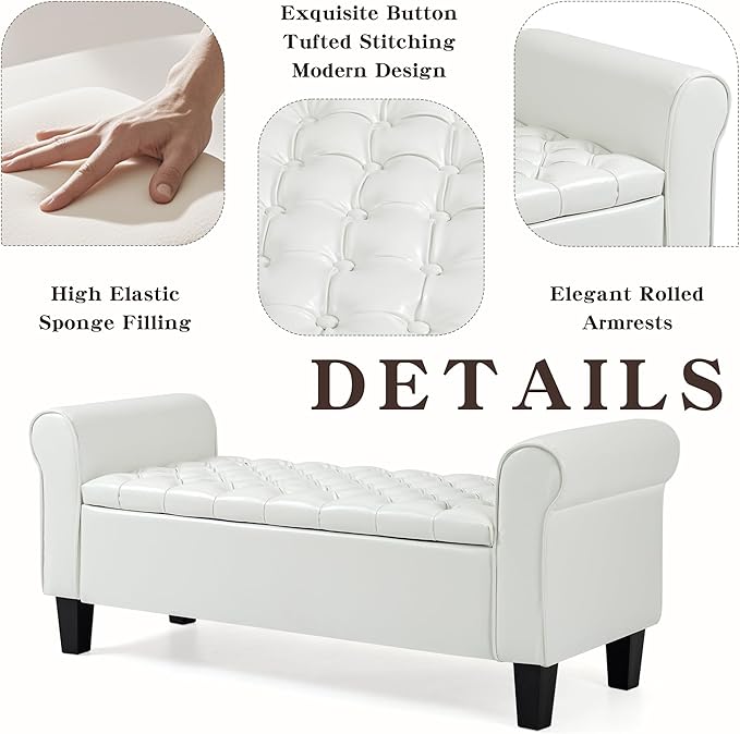 ECOTOUGE Ottoman with Storage for Living Room, Leather Upholstered Bench Footrest, Bedroom Benches at End of Bed, Rolled Arm Ottoman, Cream Color