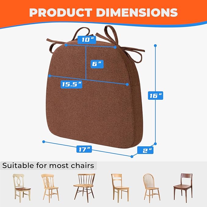 Sunsleek Chair Cushions for Dining Chairs, D-Shaped Seat Cushions with Removable Washable Cover and Ties, Chair Pads for Kitchen, Indoor Dining Room, Patio Chairs, 17'' x 16'', Set of 6, Brown
