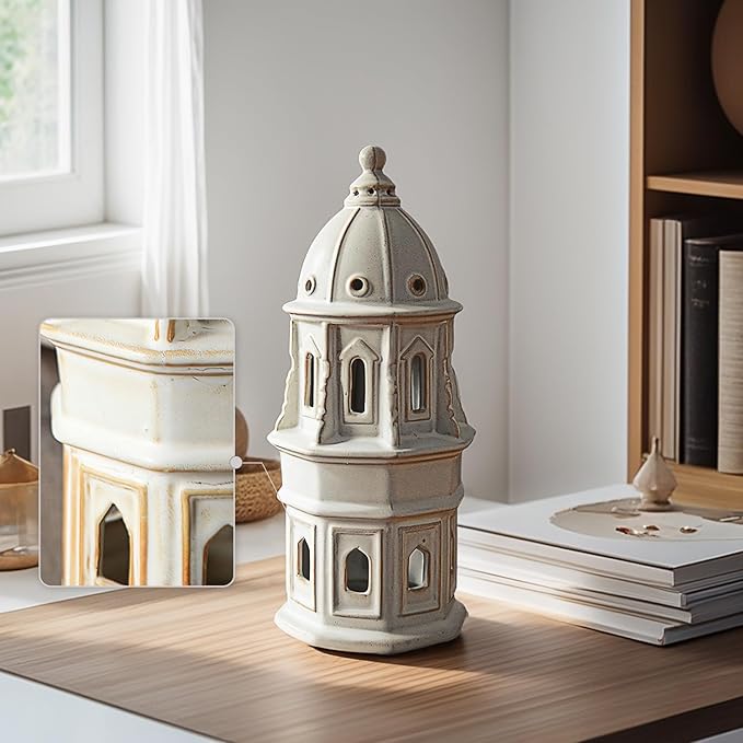 Ceramic Home Decoration 12.6 Inch Tall European Dome Tower for Living Room Bedroom Office Modern Farmhouse Antique Rustic Nordic Ornament Desktop Fireplace Centerpiece Decor