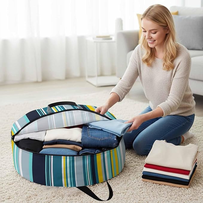 Storage Bag Blue Stripes Round Storage Totes Bins Closet Organizers with Zippers & Handle Boho Style Lines Striped Clothes Storage Container for Bedroom Dorm Space Saving Packing Supplies Moving Bags
